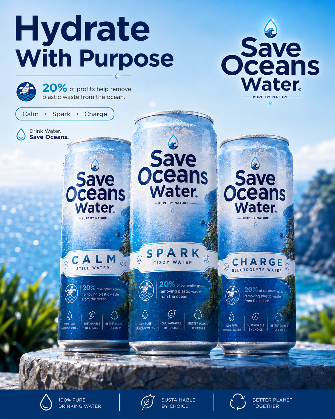 Save Oceans Water product lineup - Calm Still Water, Spark Fizzy Water, and Charge Electrolyte Water cans